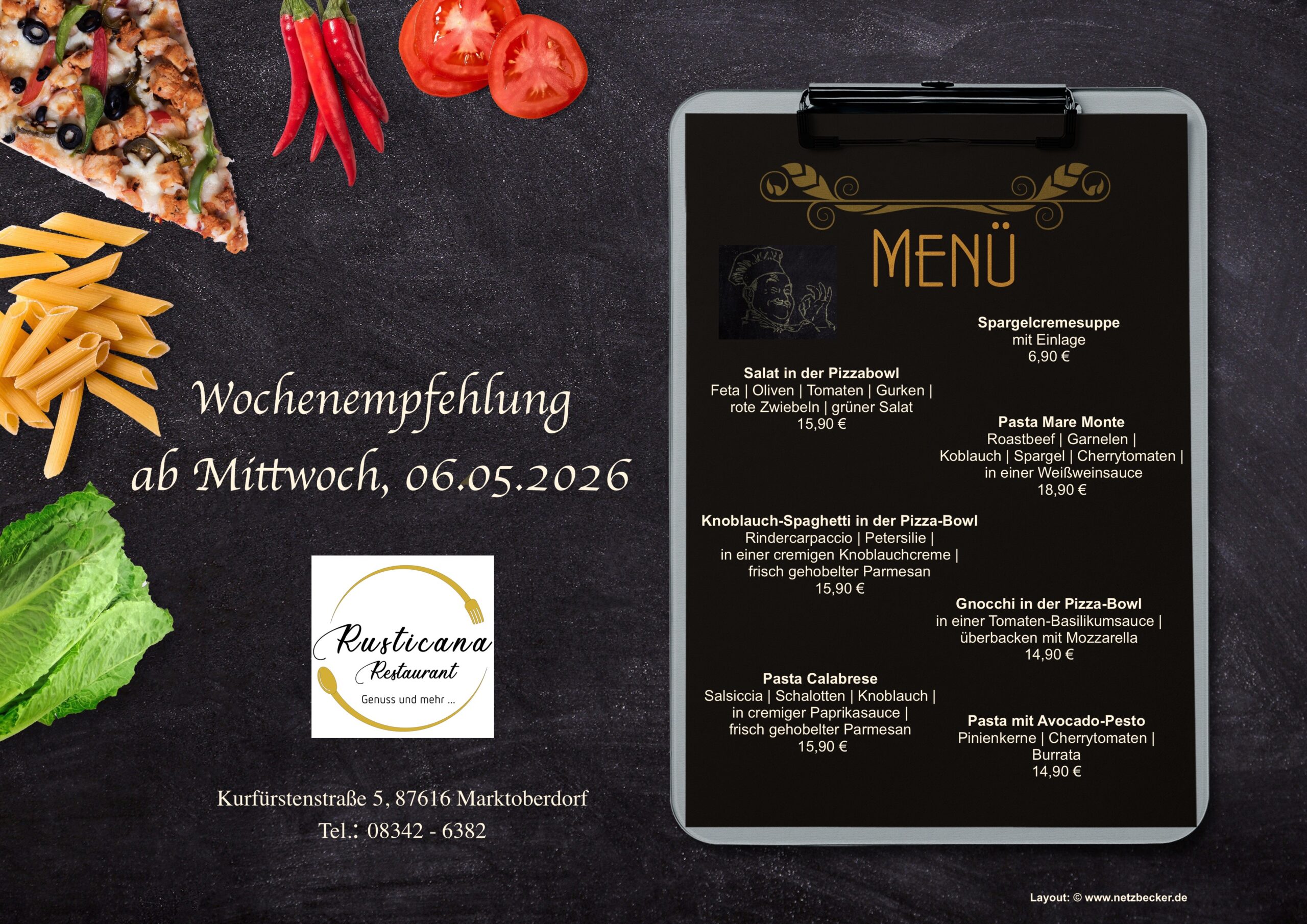 Unsere neue Wochenempfehlung in der Pizzeria Rusticana Marktoberdorf gültig ab Mittwoch, den 06.05.2026 - solange der Vorrat reicht!