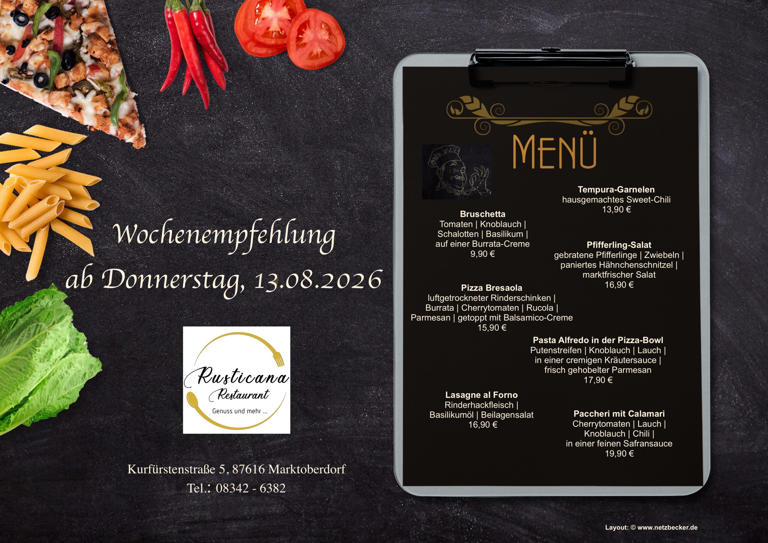 Unsere neue Wochenempfehlung in der Pizzeria Rusticana Marktoberdorf gültig ab Donnerstag, den 13.08.2026 - solange der Vorrat reicht!