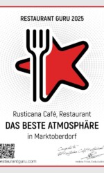 Auszeichnung Restaurant Guru 2025 für die beste Atmosphäre in Marktoberdorf Auszeichnung Restaurant Guru 2025 - Rusticana Café Restaurant für die beste Atmosphäre in Marktoberdorf