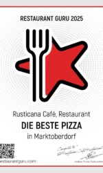 Auszeichnung Restaurant Guru 2025 für die beste Pizza in Marktoberdorf Auszeichnung Restaurant Guru 2025 - Rusticana Café Restaurant - für die beste Pizza in Marktoberdorf