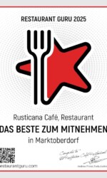 Auszeichnung Restaurant Guru 2025 für das beste zum Mitnehmen in Marktoberdorf Auszeichnung Restaurant Guru 2025 - Rusticana Café Restaurant - für das beste zum Mitnehmen in Marktoberdorf